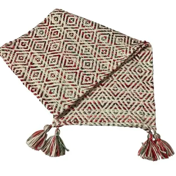 ASPEN Woven Table Runner Tassel Ends Red Green White Diamond Pattern Metallic - Picture 2 of 8